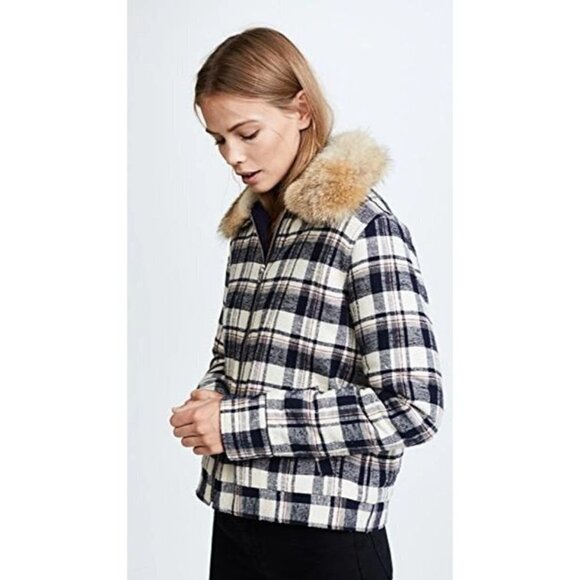 Jenni Kayne Flannel Checked Coyote Fur Collar Full Zip Jacket Navy Ivory M - Picture 2 of 12